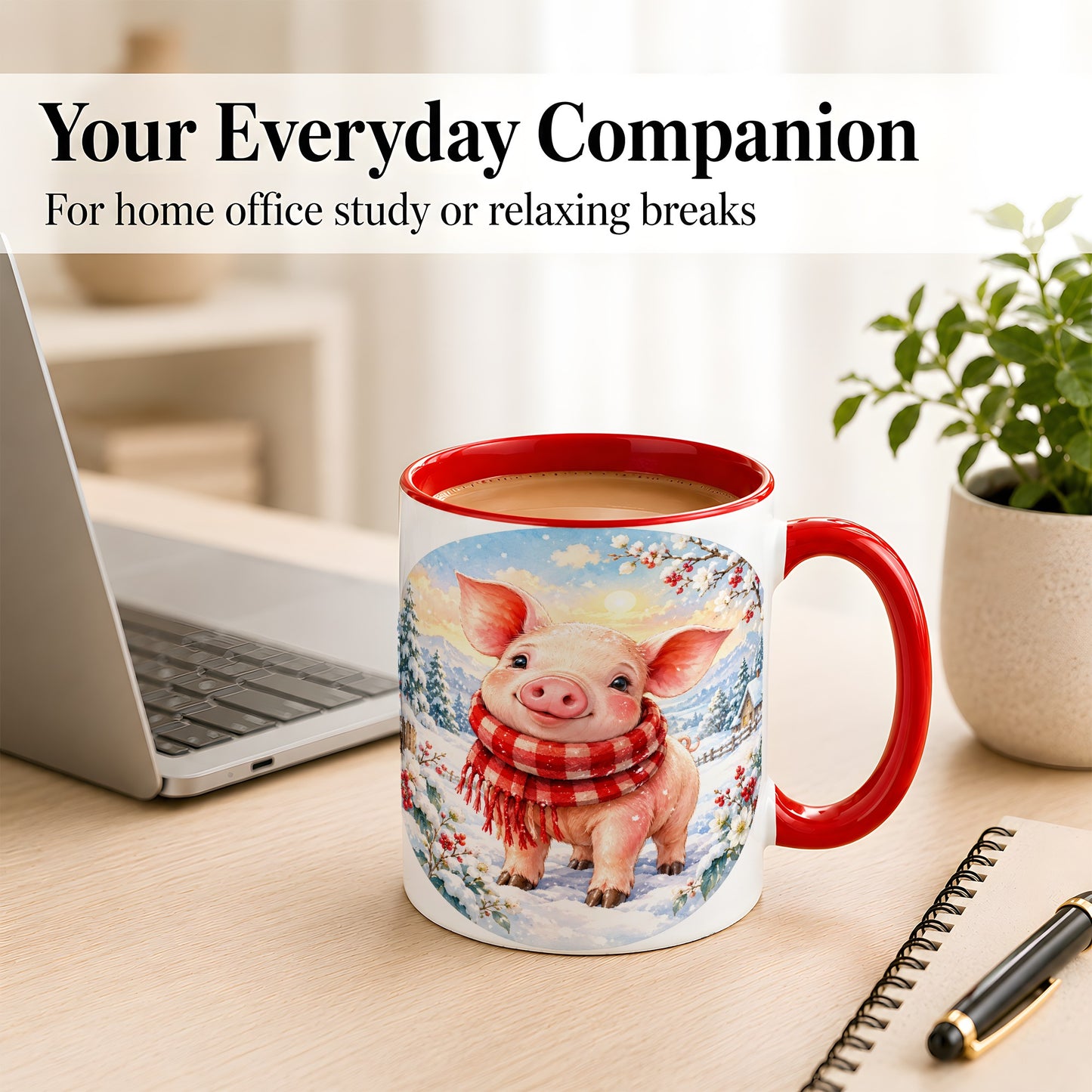 #pl[11oz|Red] Watercolor Pig Coffee Mug, Winter Pig Mug, Ceramic Cup