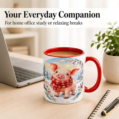 #pl[11oz|Red] Watercolor Pig Coffee Mug, Winter Pig Mug, Ceramic Cup