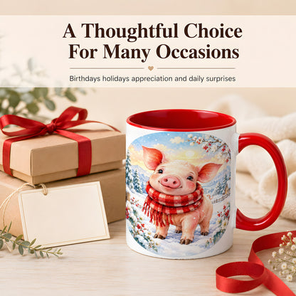 #pl[11oz|Red] Watercolor Pig Coffee Mug, Winter Pig Mug, Ceramic Cup
