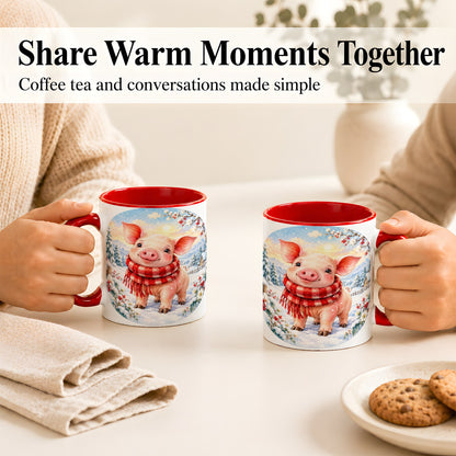 #pl[11oz|Red] Watercolor Pig Coffee Mug, Winter Pig Mug, Ceramic Cup
