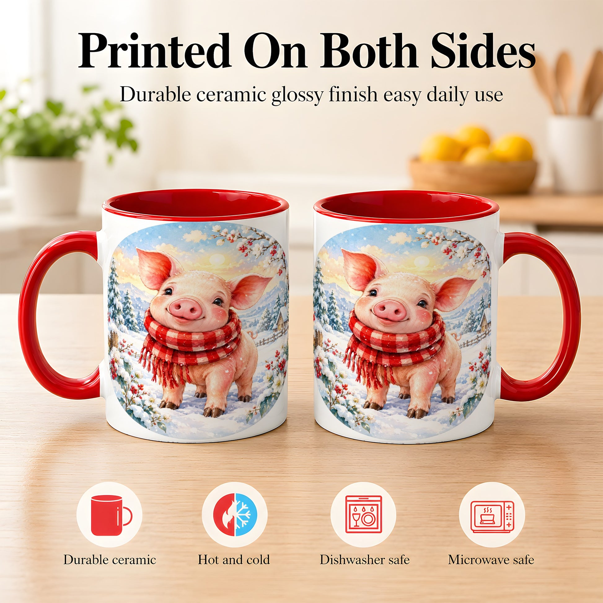 #pl[11oz|Red] Watercolor Pig Coffee Mug, Winter Pig Mug, Ceramic Cup