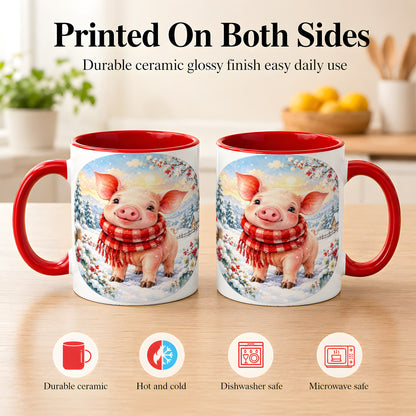 #pl[11oz|Red] Watercolor Pig Coffee Mug, Winter Pig Mug, Ceramic Cup
