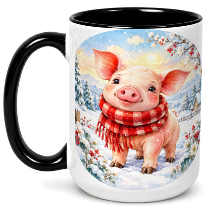 #pl[15oz|Black] Watercolor Pig Coffee Mug, Winter Pig Mug, Ceramic Cup