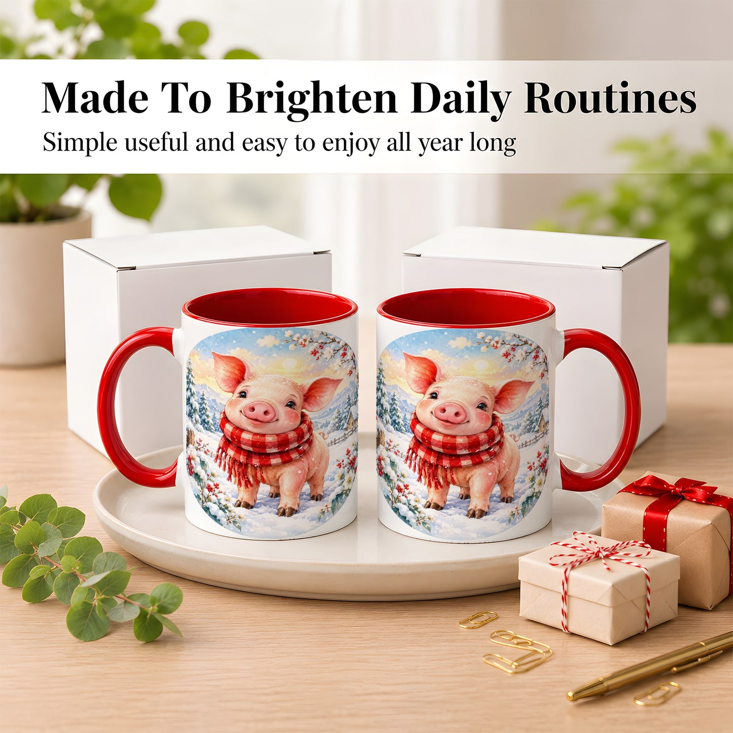 #pl[11oz|Red] Watercolor Pig Coffee Mug, Winter Pig Mug, Ceramic Cup