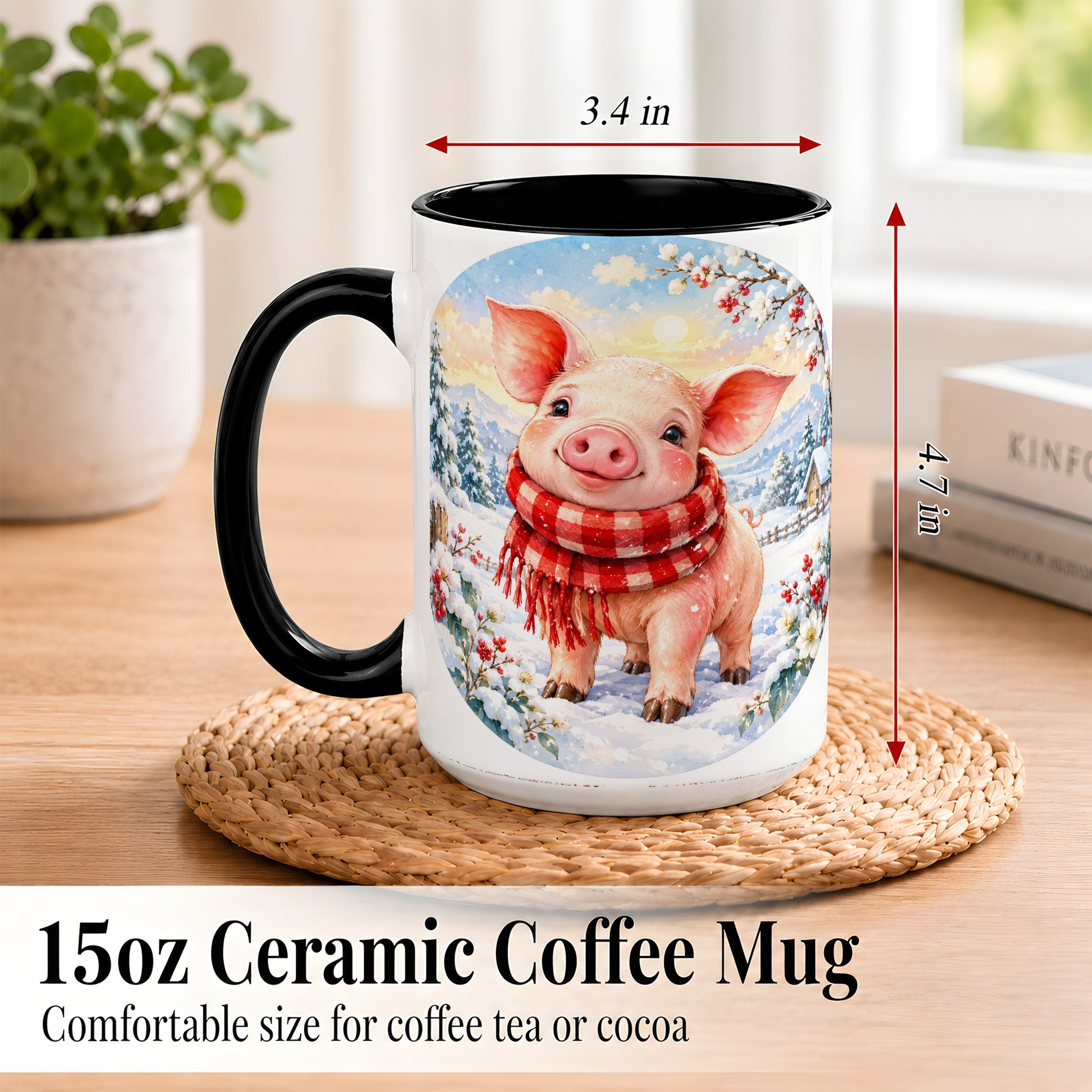 #pl[15oz|Black] Watercolor Pig Coffee Mug, Winter Pig Mug, Ceramic Cup