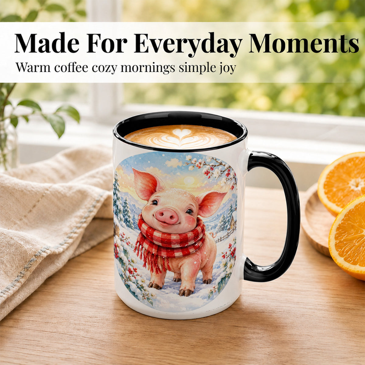 #pl[15oz|Black] Watercolor Pig Coffee Mug, Winter Pig Mug, Ceramic Cup