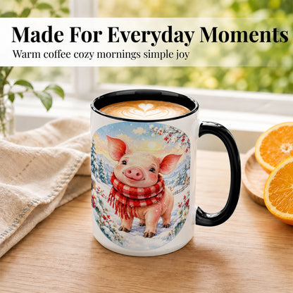 #pl[15oz|Black] Watercolor Pig Coffee Mug, Winter Pig Mug, Ceramic Cup