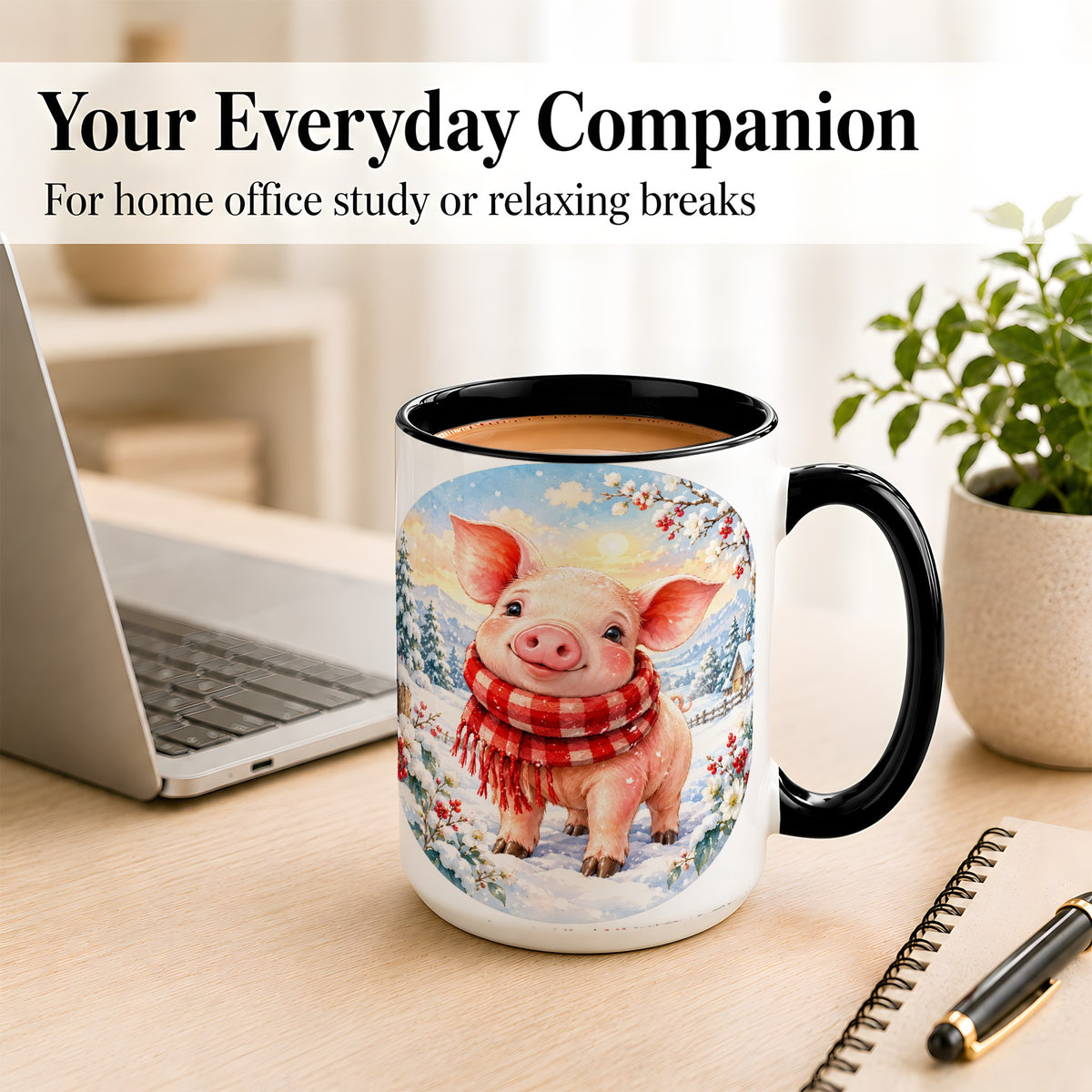 #pl[15oz|Black] Watercolor Pig Coffee Mug, Winter Pig Mug, Ceramic Cup