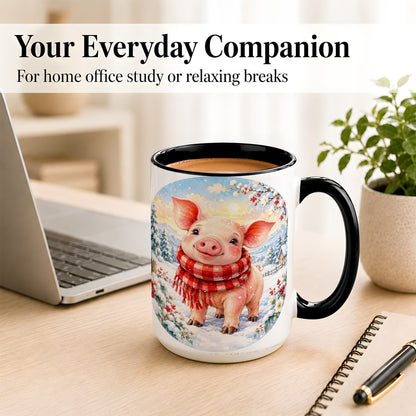 #pl[15oz|Black] Watercolor Pig Coffee Mug, Winter Pig Mug, Ceramic Cup