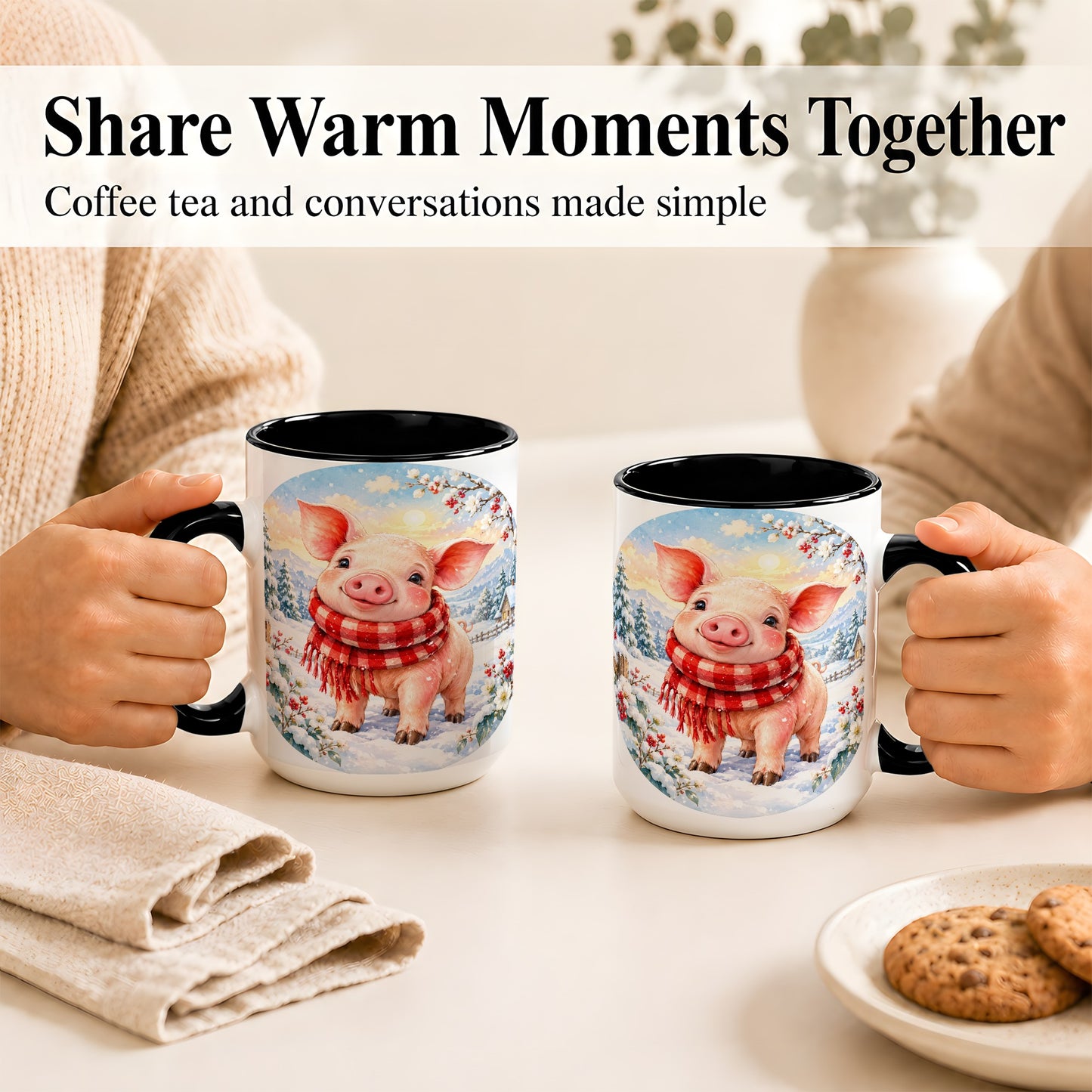 #pl[15oz|Black] Watercolor Pig Coffee Mug, Winter Pig Mug, Ceramic Cup