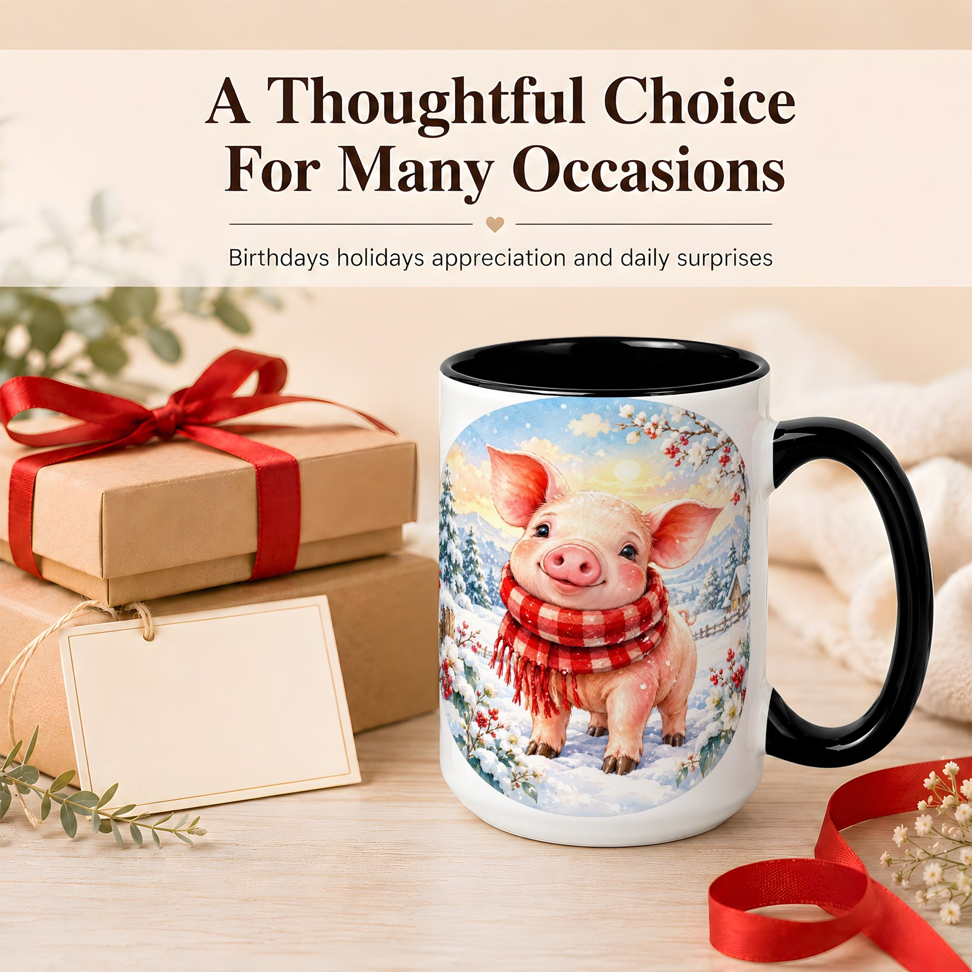 #pl[15oz|Black] Watercolor Pig Coffee Mug, Winter Pig Mug, Ceramic Cup