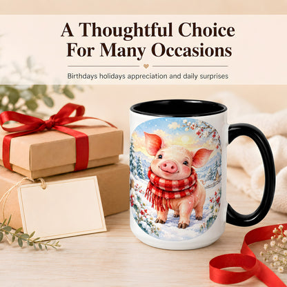 #pl[15oz|Black] Watercolor Pig Coffee Mug, Winter Pig Mug, Ceramic Cup