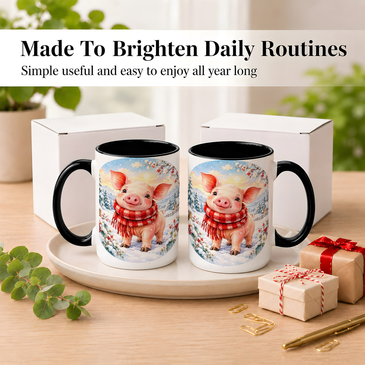 #pl[15oz|Black] Watercolor Pig Coffee Mug, Winter Pig Mug, Ceramic Cup