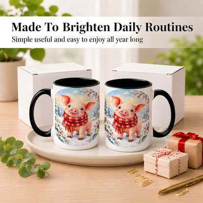 #pl[15oz|Black] Watercolor Pig Coffee Mug, Winter Pig Mug, Ceramic Cup