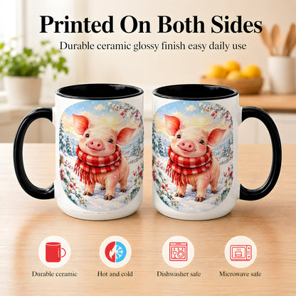 #pl[15oz|Black] Watercolor Pig Coffee Mug, Winter Pig Mug, Ceramic Cup