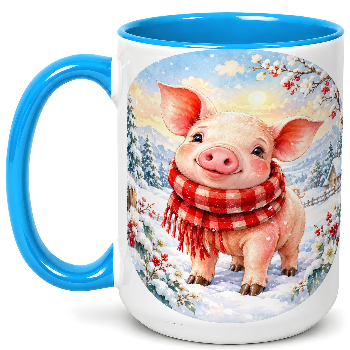 #pl[15oz|Blue] Watercolor Pig Coffee Mug, Winter Pig Mug, Ceramic Cup