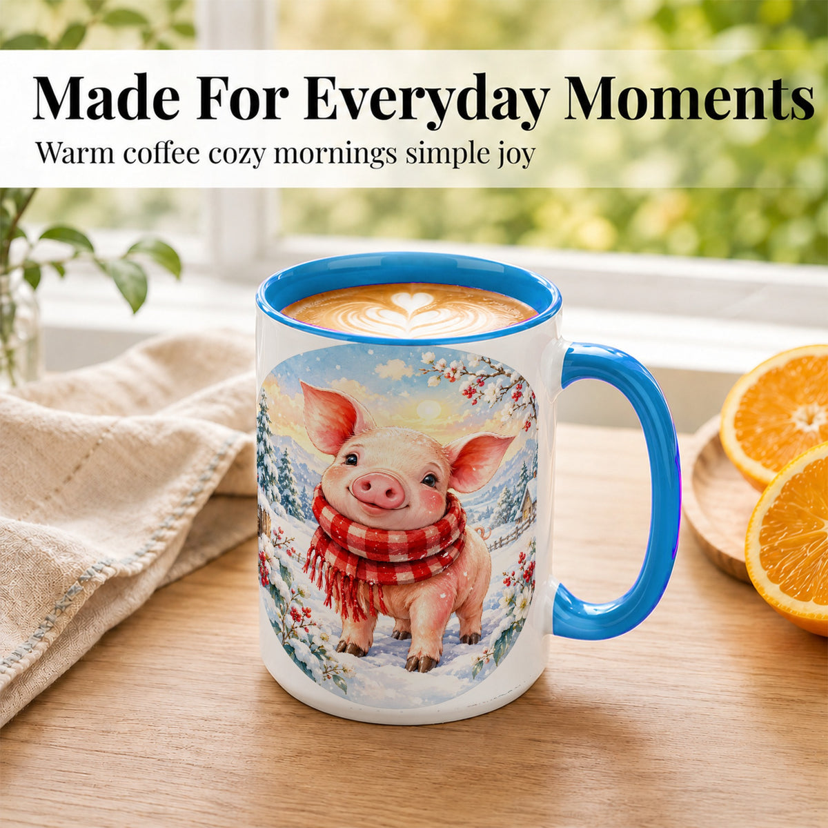 #pl[15oz|Blue] Watercolor Pig Coffee Mug, Winter Pig Mug, Ceramic Cup