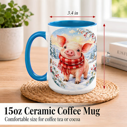 #pl[15oz|Blue] Watercolor Pig Coffee Mug, Winter Pig Mug, Ceramic Cup
