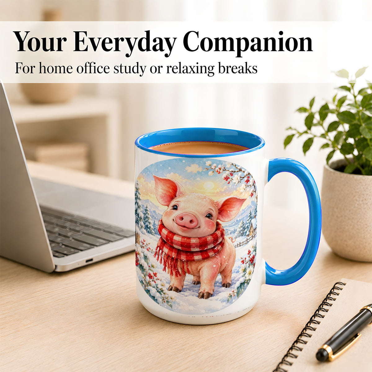 #pl[15oz|Blue] Watercolor Pig Coffee Mug, Winter Pig Mug, Ceramic Cup