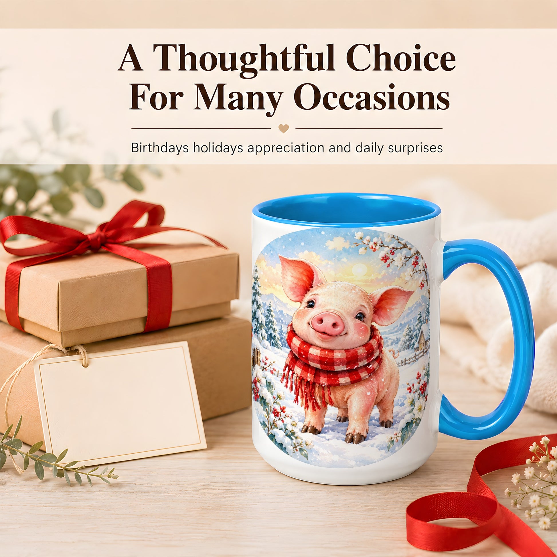 #pl[15oz|Blue] Watercolor Pig Coffee Mug, Winter Pig Mug, Ceramic Cup