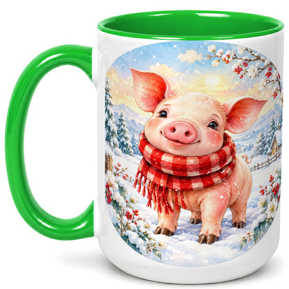 #pl[15oz|Green] Watercolor Pig Coffee Mug, Winter Pig Mug, Ceramic Cup