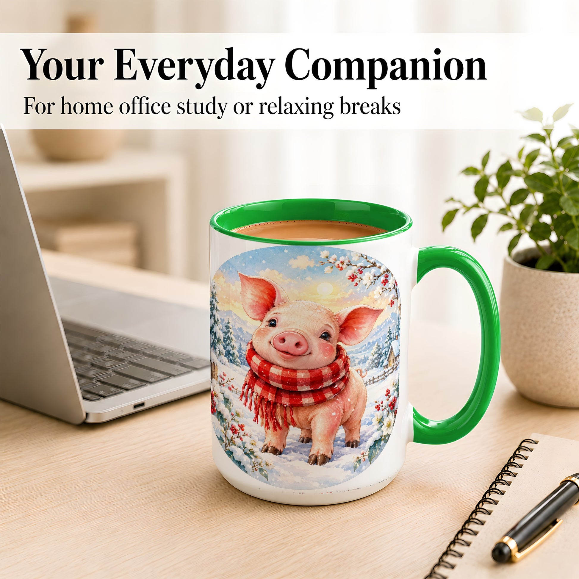 #pl[15oz|Green] Watercolor Pig Coffee Mug, Winter Pig Mug, Ceramic Cup