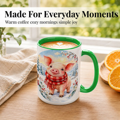 #pl[15oz|Green] Watercolor Pig Coffee Mug, Winter Pig Mug, Ceramic Cup