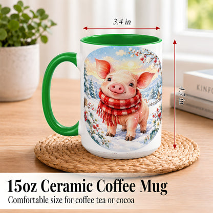 #pl[15oz|Green] Watercolor Pig Coffee Mug, Winter Pig Mug, Ceramic Cup