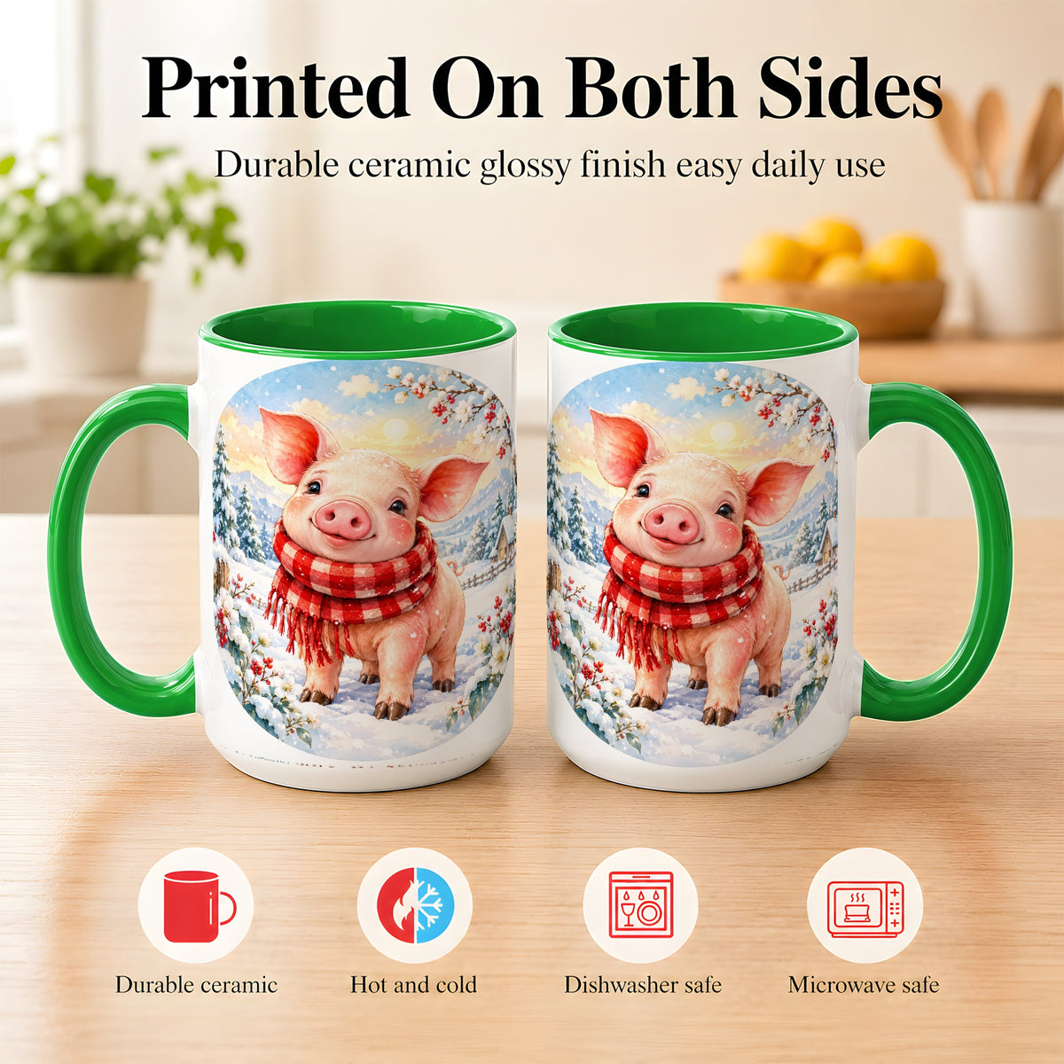 #pl[15oz|Green] Watercolor Pig Coffee Mug, Winter Pig Mug, Ceramic Cup