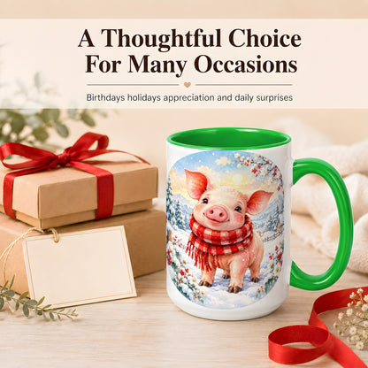 #pl[15oz|Green] Watercolor Pig Coffee Mug, Winter Pig Mug, Ceramic Cup