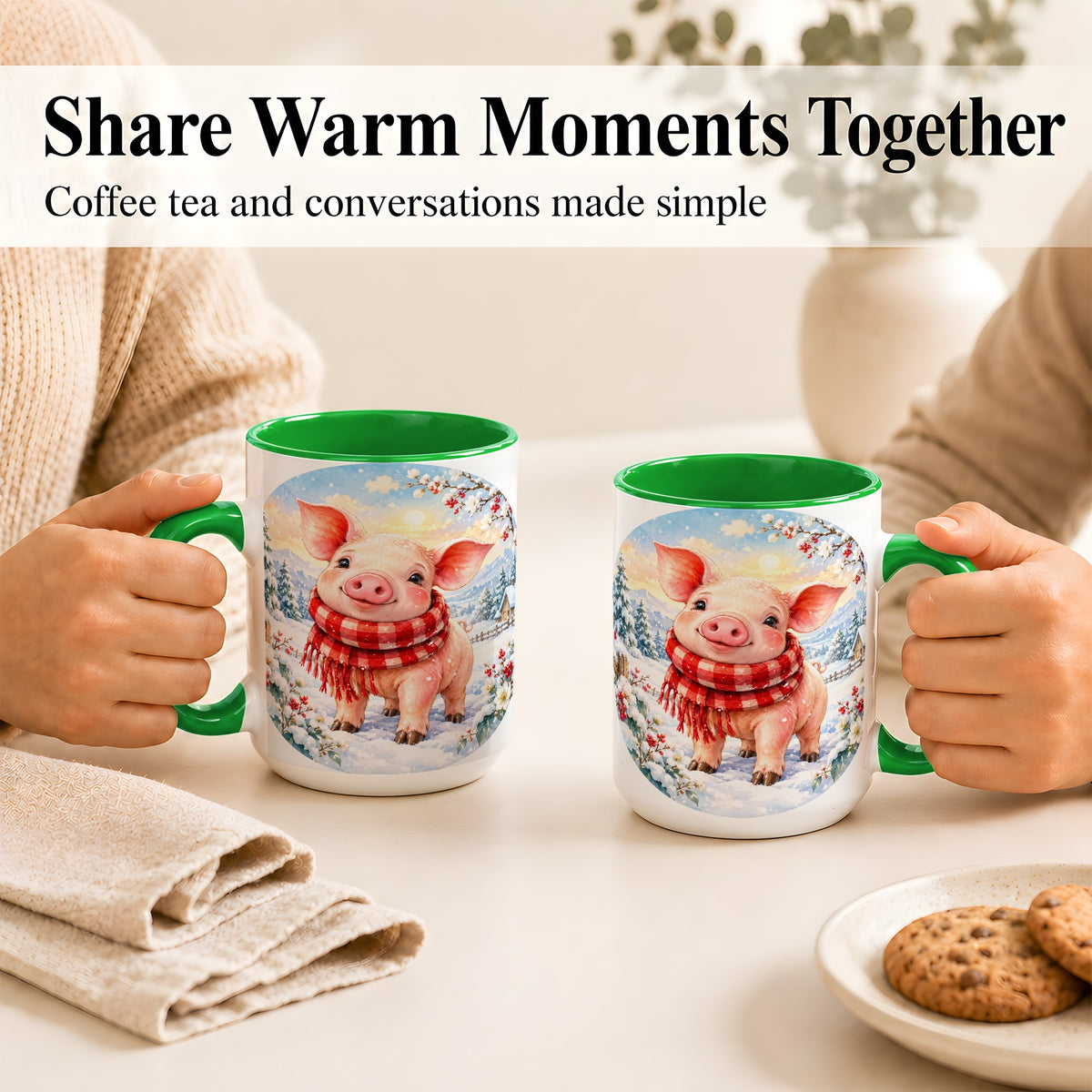 #pl[15oz|Green] Watercolor Pig Coffee Mug, Winter Pig Mug, Ceramic Cup