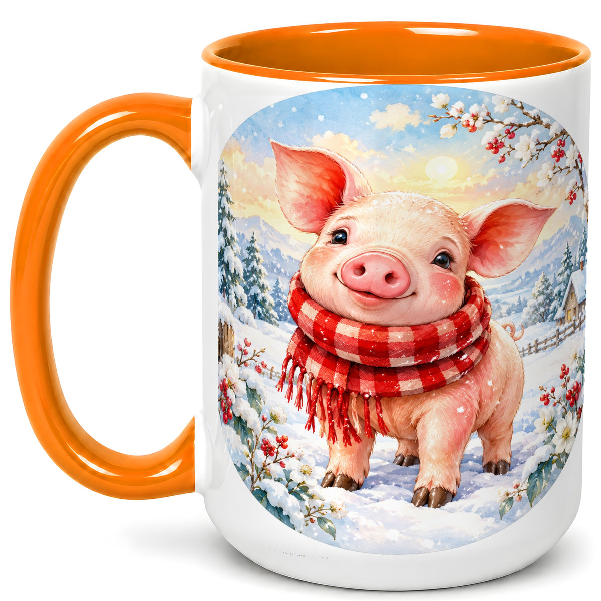 #pl[15oz|Orange] Watercolor Pig Coffee Mug, Winter Pig Mug, Ceramic Cup