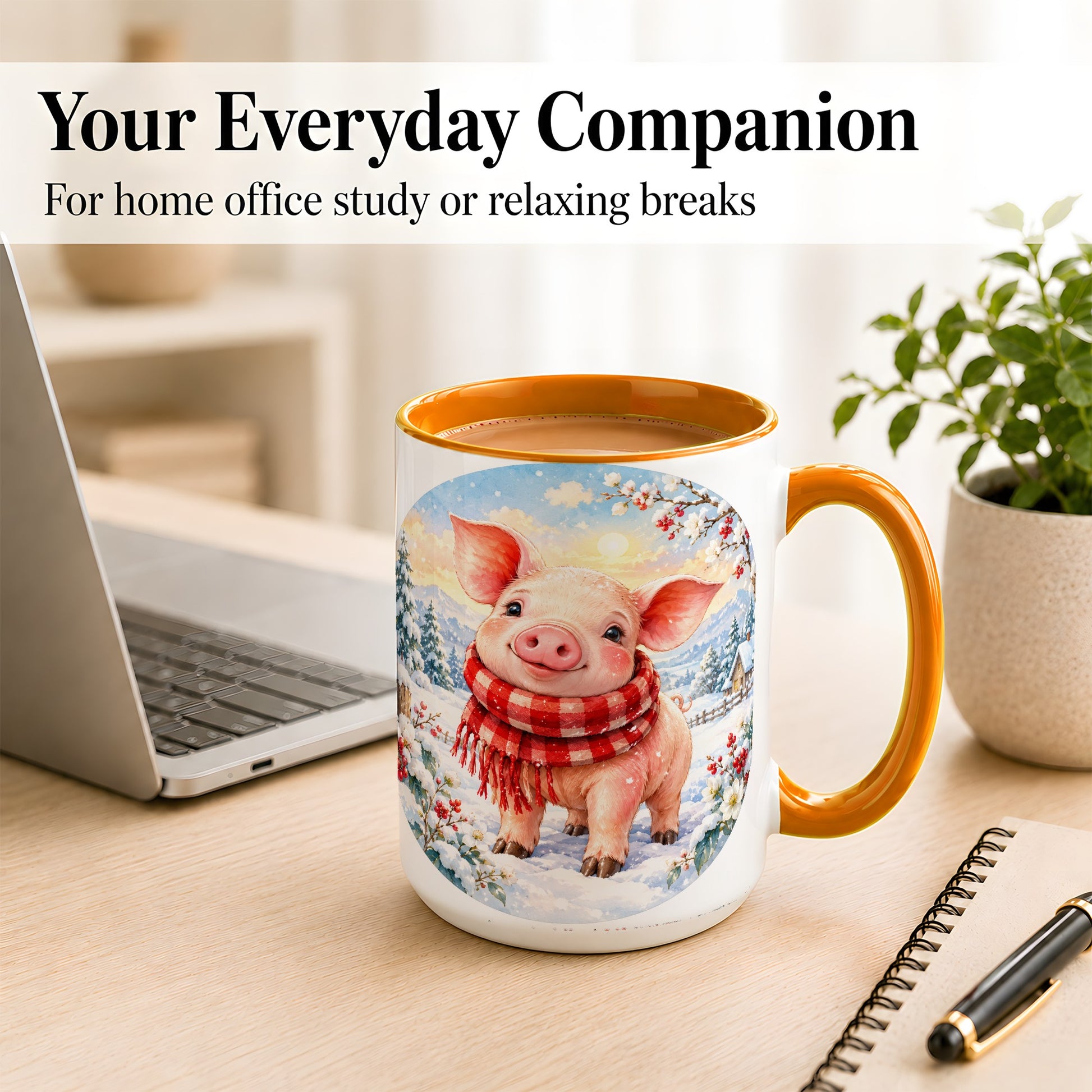 #pl[15oz|Orange] Watercolor Pig Coffee Mug, Winter Pig Mug, Ceramic Cup