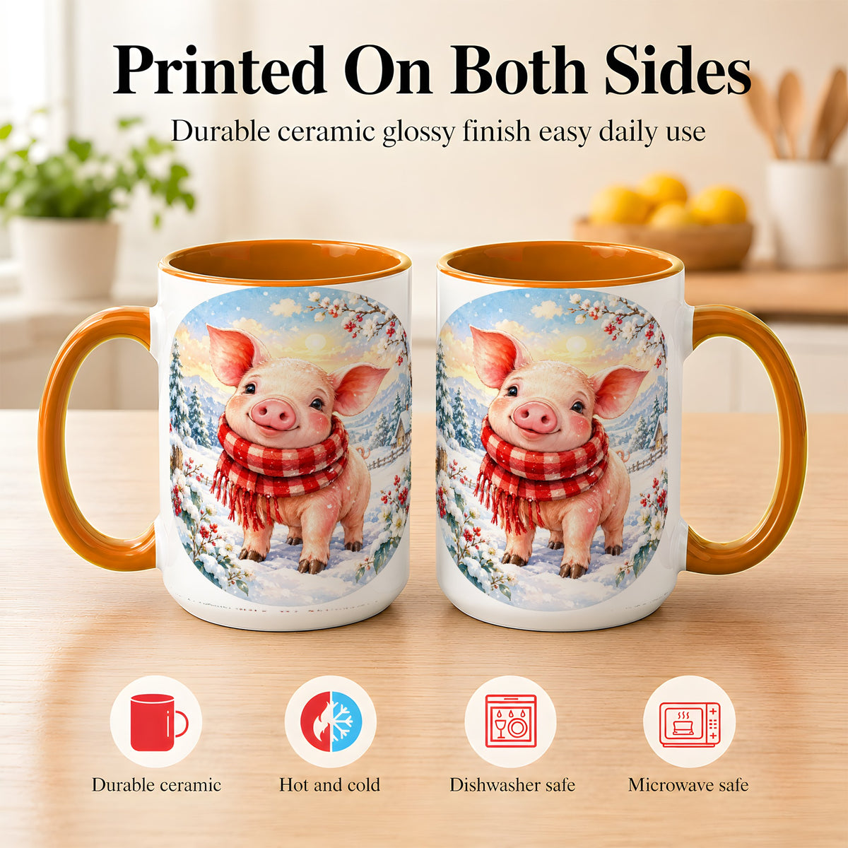 #pl[15oz|Orange] Watercolor Pig Coffee Mug, Winter Pig Mug, Ceramic Cup