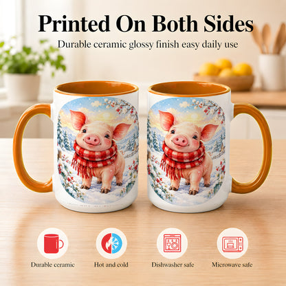 #pl[15oz|Orange] Watercolor Pig Coffee Mug, Winter Pig Mug, Ceramic Cup