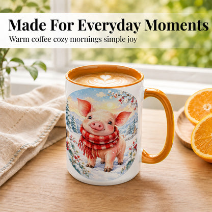 #pl[15oz|Orange] Watercolor Pig Coffee Mug, Winter Pig Mug, Ceramic Cup