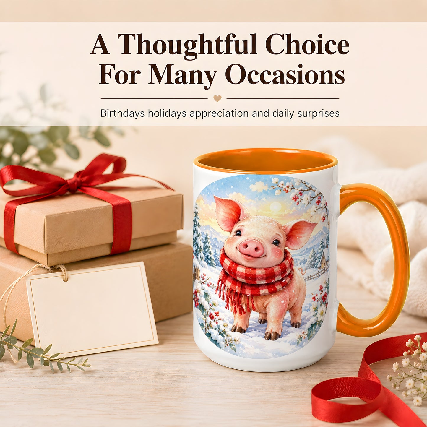 #pl[15oz|Orange] Watercolor Pig Coffee Mug, Winter Pig Mug, Ceramic Cup