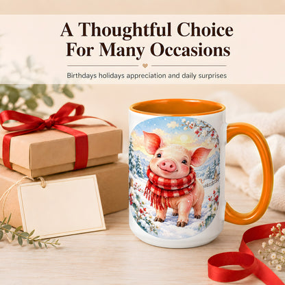 #pl[15oz|Orange] Watercolor Pig Coffee Mug, Winter Pig Mug, Ceramic Cup