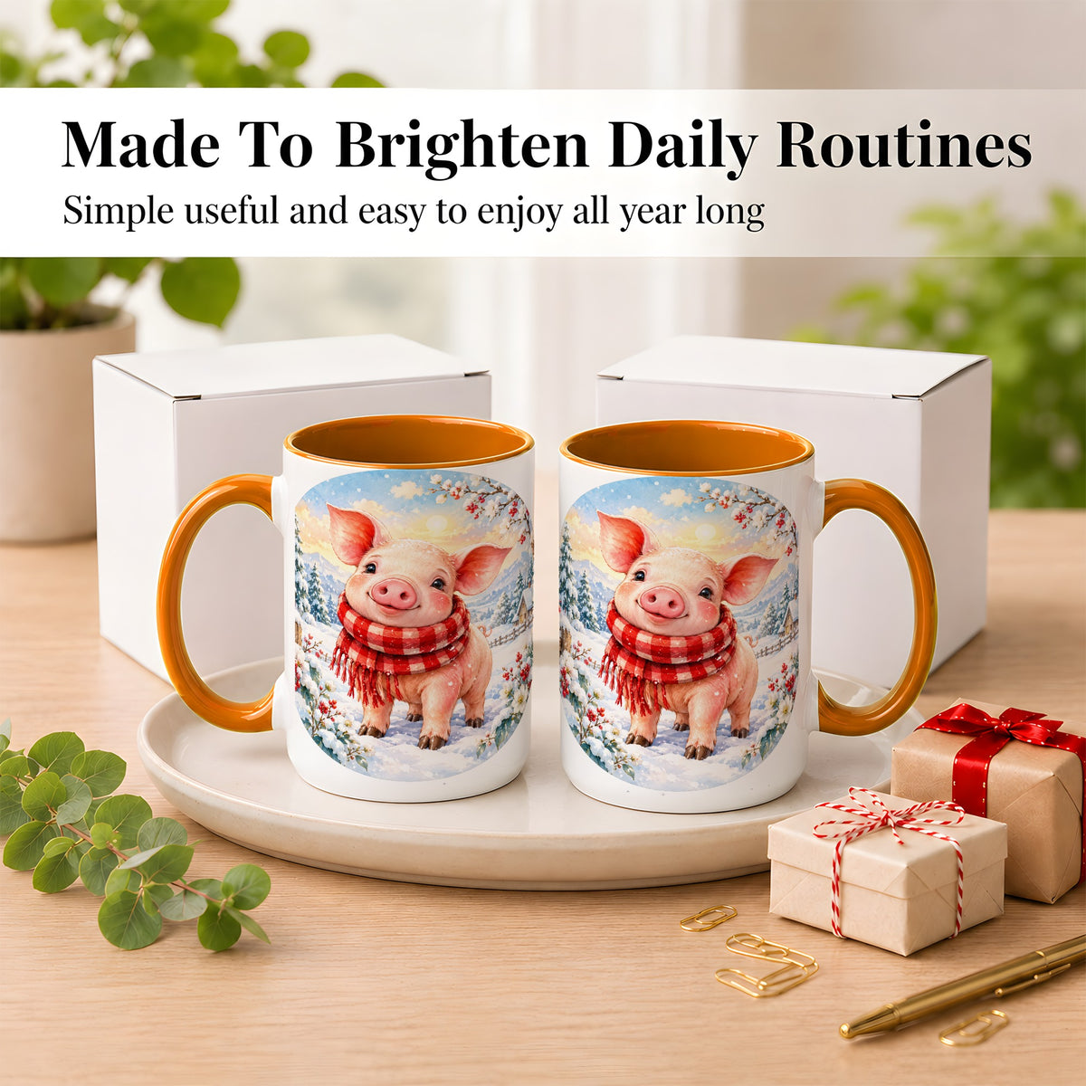 #pl[15oz|Orange] Watercolor Pig Coffee Mug, Winter Pig Mug, Ceramic Cup