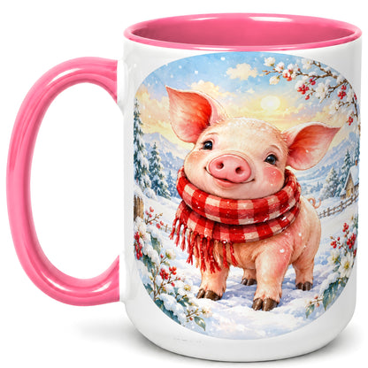 #pl[15oz|Pink] Watercolor Pig Coffee Mug, Winter Pig Mug, Ceramic Cup