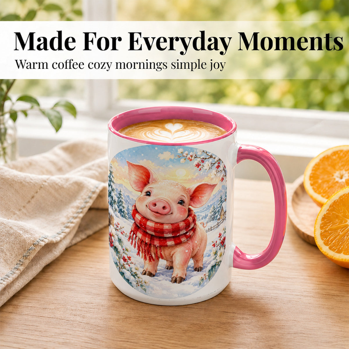 #pl[15oz|Pink] Watercolor Pig Coffee Mug, Winter Pig Mug, Ceramic Cup