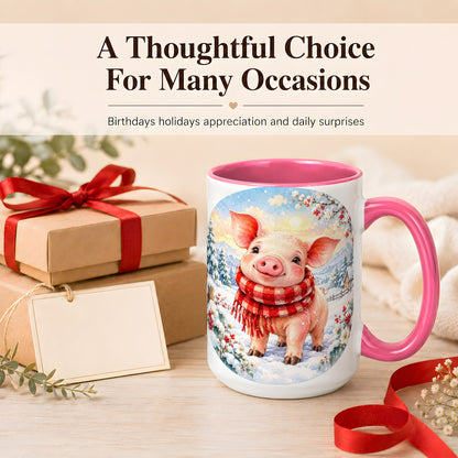 #pl[15oz|Pink] Watercolor Pig Coffee Mug, Winter Pig Mug, Ceramic Cup
