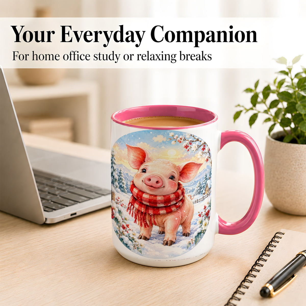 #pl[15oz|Pink] Watercolor Pig Coffee Mug, Winter Pig Mug, Ceramic Cup