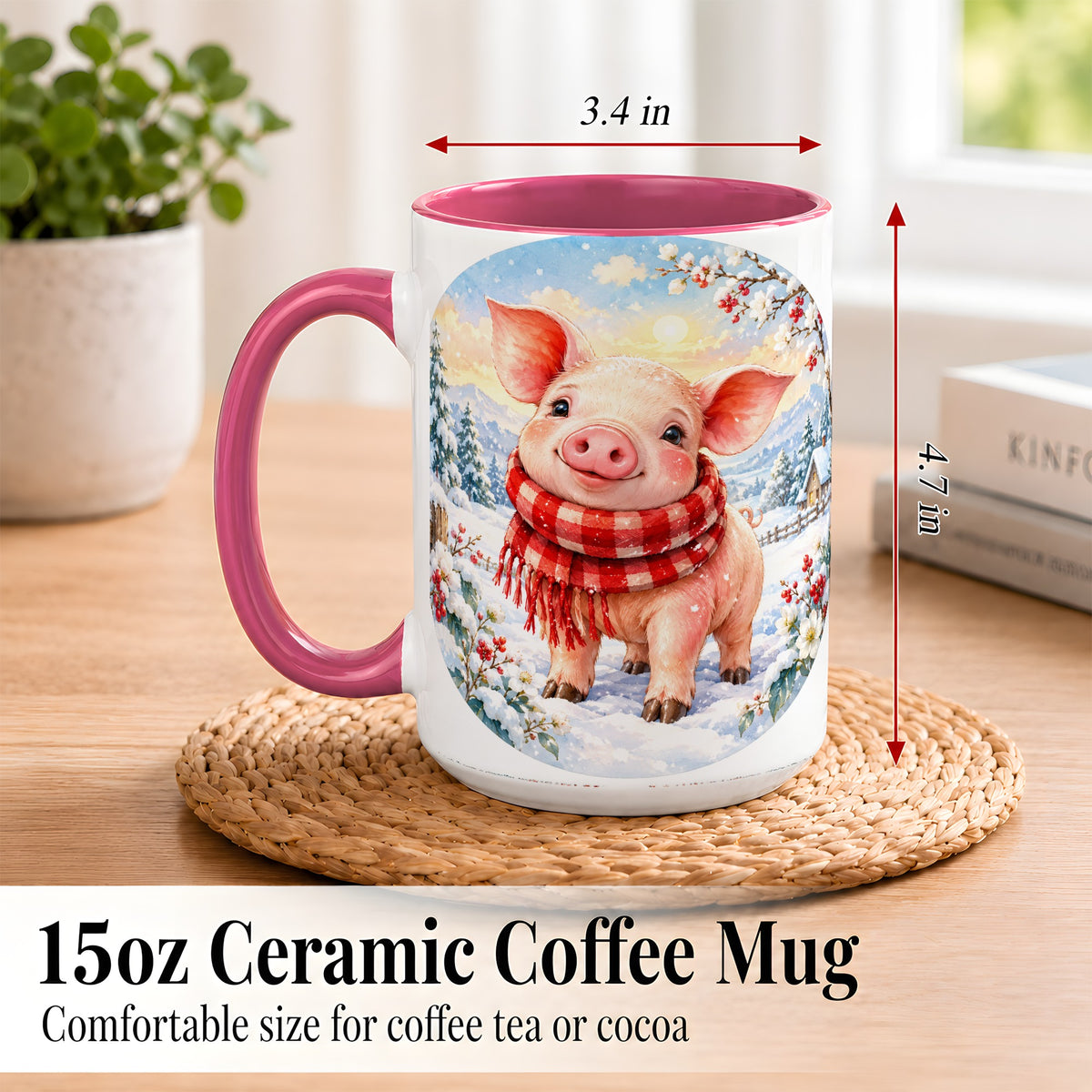 #pl[15oz|Pink] Watercolor Pig Coffee Mug, Winter Pig Mug, Ceramic Cup
