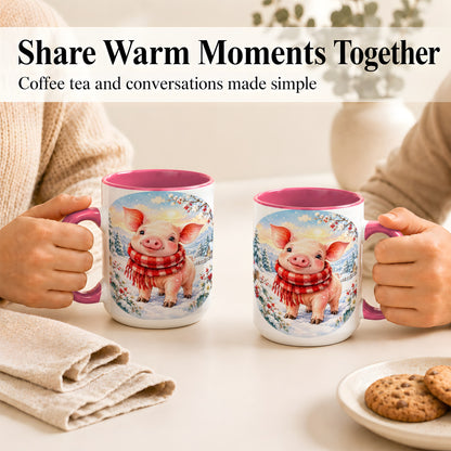 #pl[15oz|Pink] Watercolor Pig Coffee Mug, Winter Pig Mug, Ceramic Cup