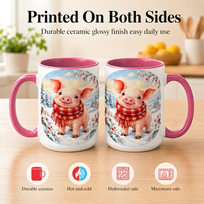 #pl[15oz|Pink] Watercolor Pig Coffee Mug, Winter Pig Mug, Ceramic Cup