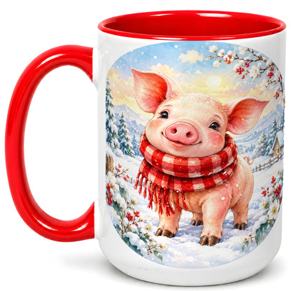 #pl[15oz|Red] Watercolor Pig Coffee Mug, Winter Pig Mug, Ceramic Cup