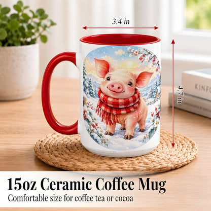 #pl[15oz|Red] Watercolor Pig Coffee Mug, Winter Pig Mug, Ceramic Cup