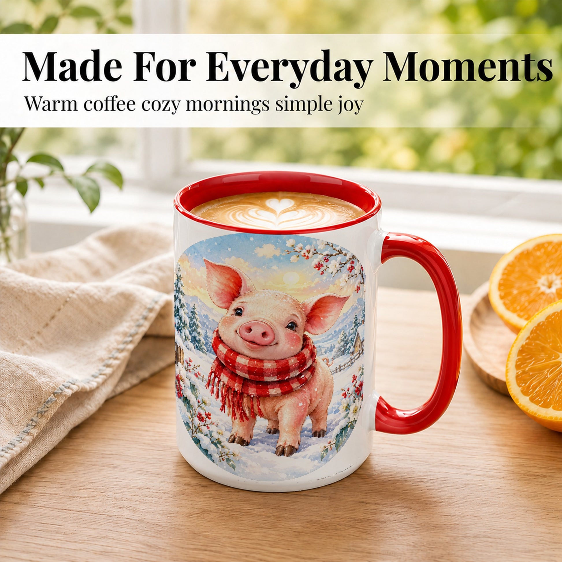 #pl[15oz|Red] Watercolor Pig Coffee Mug, Winter Pig Mug, Ceramic Cup