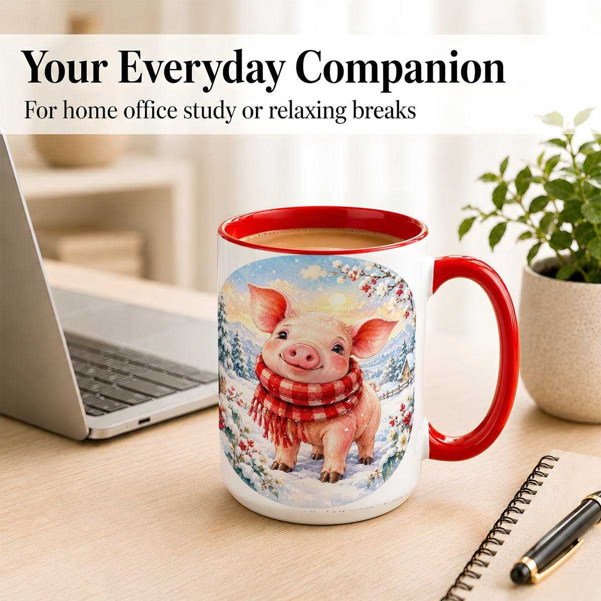 #pl[15oz|Red] Watercolor Pig Coffee Mug, Winter Pig Mug, Ceramic Cup